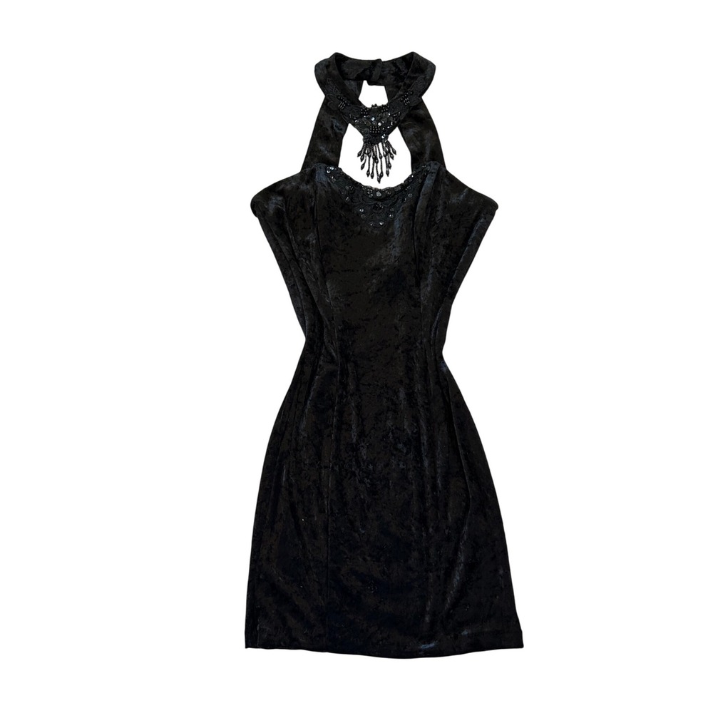 NWOT All That Jazz Vintage Black Velvet Mini Dress with Beaded Halter